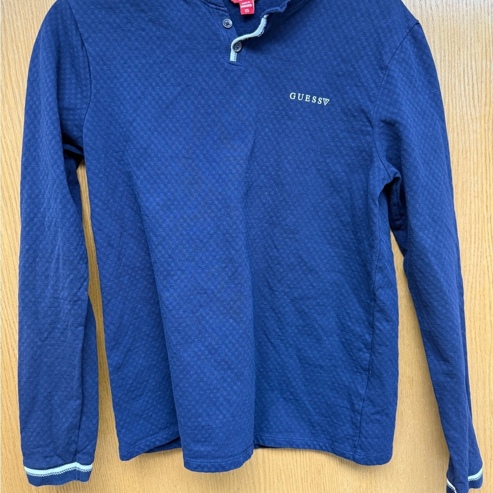 GUESS Blue Textured Long Sleeve Polo